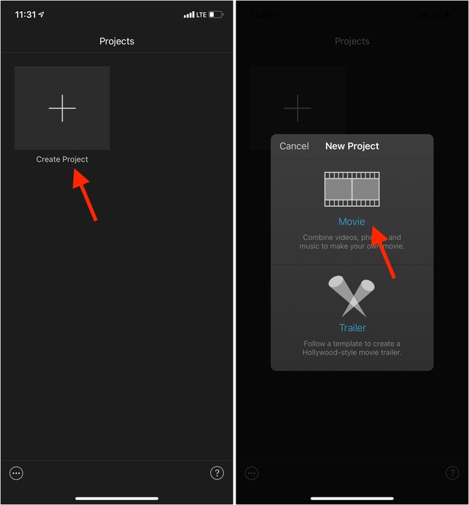 Película Crear proyecto en iMovie en iPhone