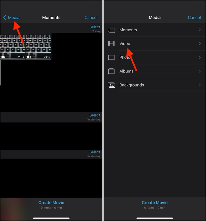 Video Media en iMovie en iPhone