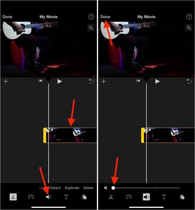 Seleccione Video Toque el icono del altavoz y configúrelo en cero en iMovie en iPhone