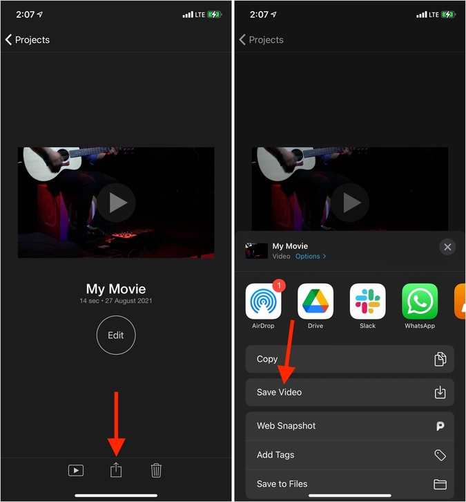 Toque el icono de compartir y guarde el video en iPhone