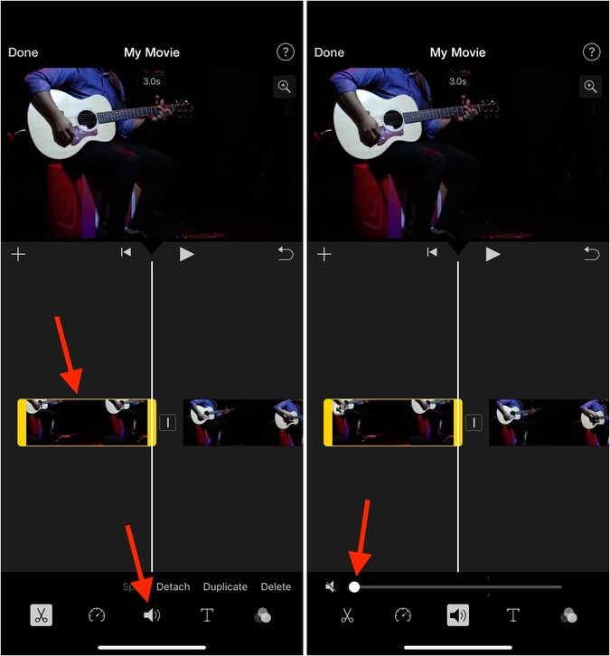 Seleccione el icono del altavoz Split Clip y configúrelo en cero en iMovie en iPhone