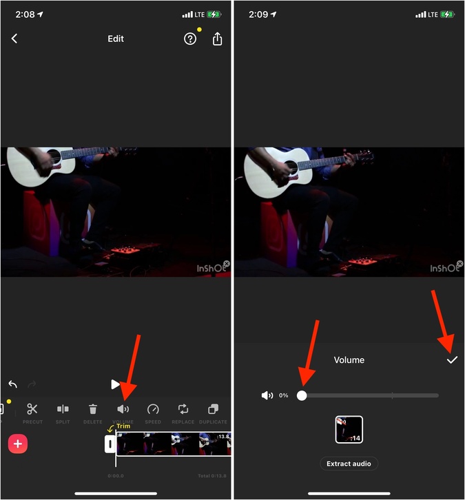 Toque el icono del altavoz y configúrelo en cero en inshot en iPhone