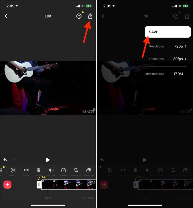 Toque el icono compartido Guardar para eliminar el sonido del video en iPhone
