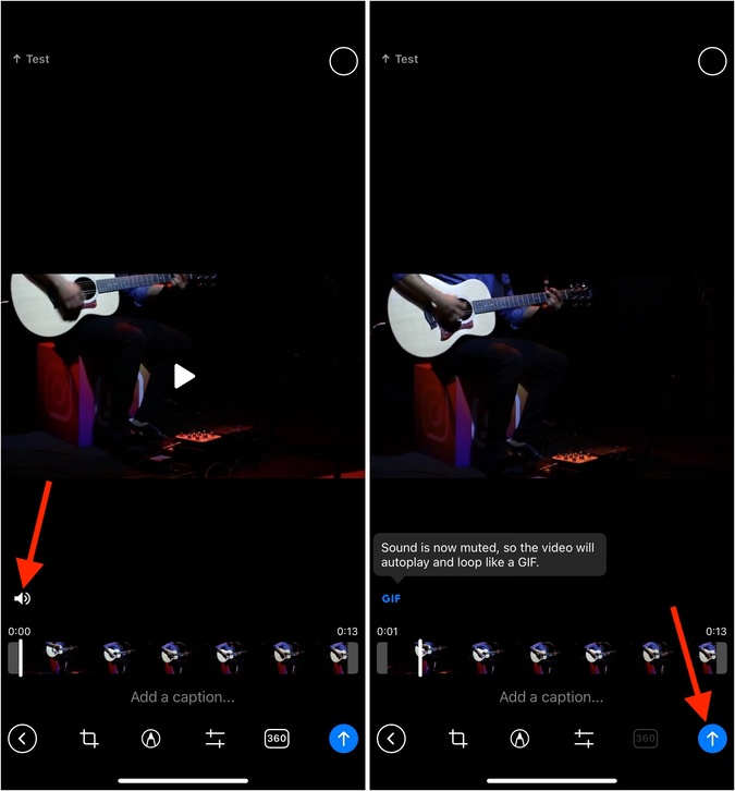 Toque el icono del altavoz y presione la aplicación Enviar en Telegram en iPhone al sonido de video silencioso