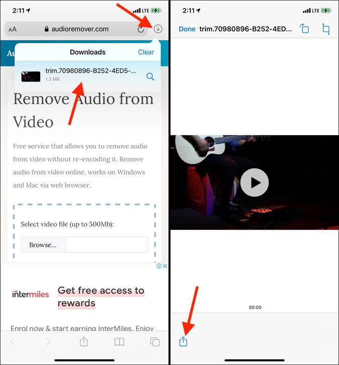 Toque el icono de compartir el archivo de video para guardar video con el sonido en iPhone