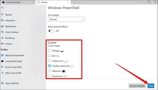 Cambiar el cursor en la aplicación Terminal de Windows