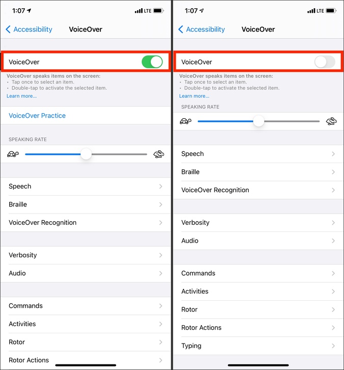 Desactive la voz en off en la configuración del iPhone