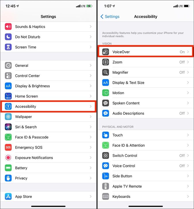 Accesibilidad de voz en off en la configuración del iPhone