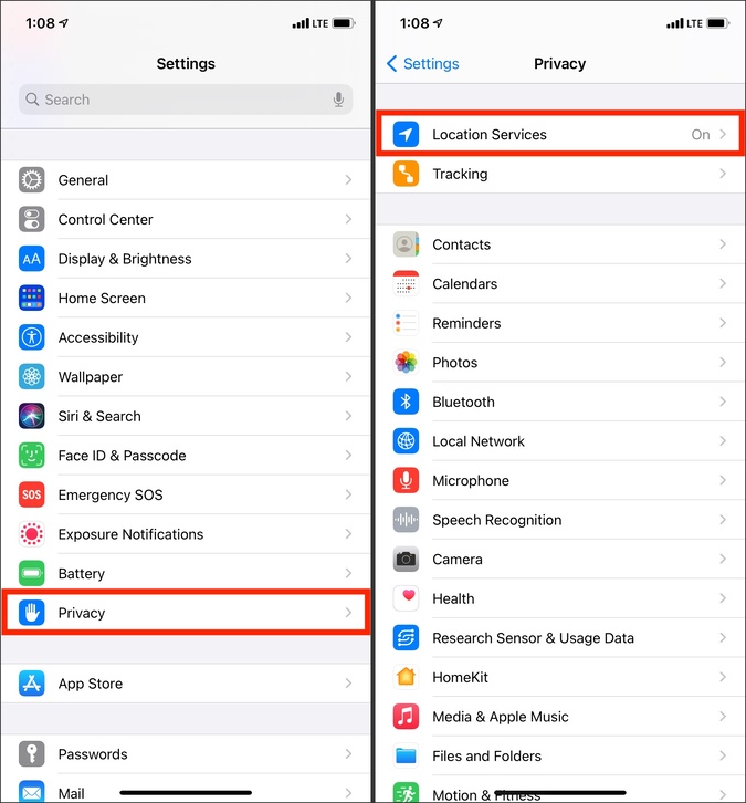 Aplicación de privacidad de servicios de ubicación en la aplicación de configuración de iPhone