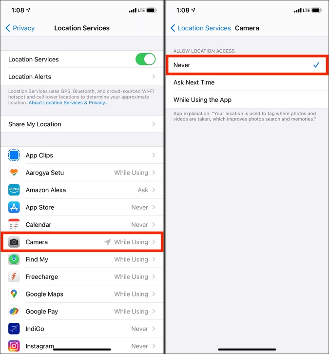 Seleccione Never para la ubicación de la cámara en el iPhone para solucionar el problema de la pantalla negra