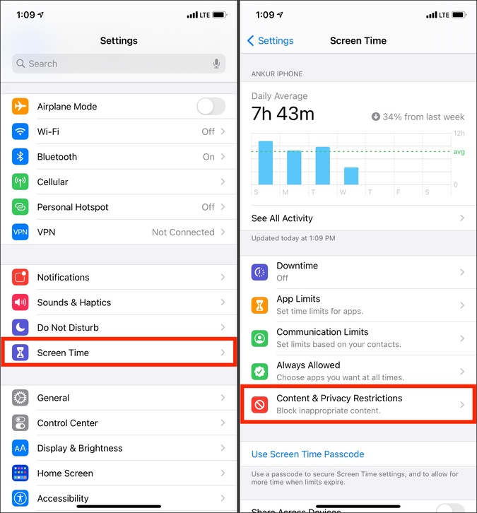Restricciones de contenido y privacidad en la configuración de tiempo de pantalla de iPhone