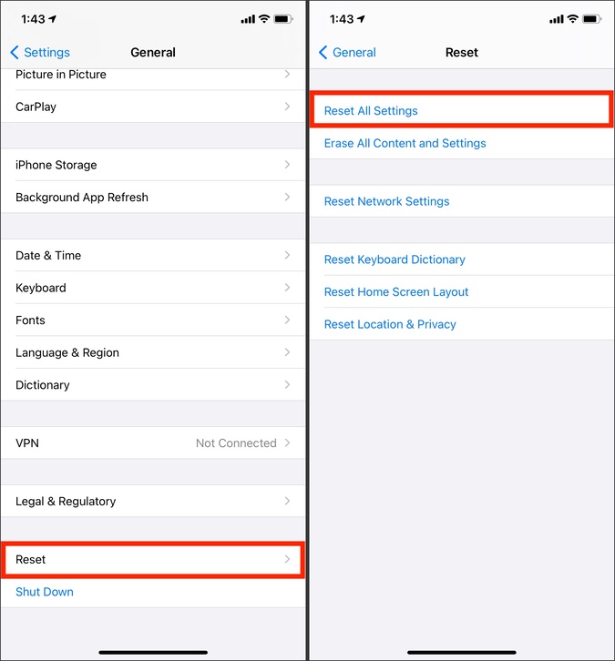 Restablecer todas las configuraciones en iPhone para solucionar el problema de la pantalla de la cámara negra