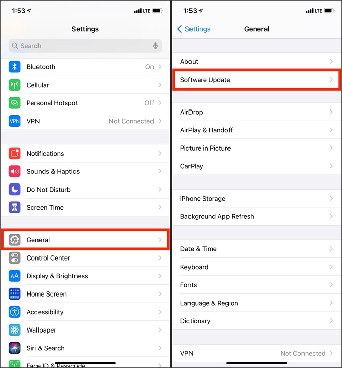 ACTUALIZACIÓN DE SOFTWARE General en la aplicación Configuración de iPhone para corregir la pantalla de la cámara negra