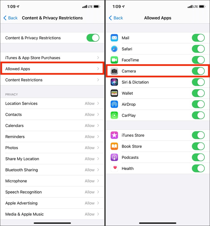 Habilitar cámara en aplicaciones permitidas en iPhone