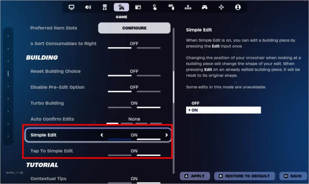 Habilite la edición y toque simples a la edición simple en la configuración de Fortnite