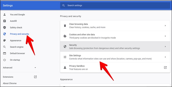 Configuración del sitio emergente de Chrome