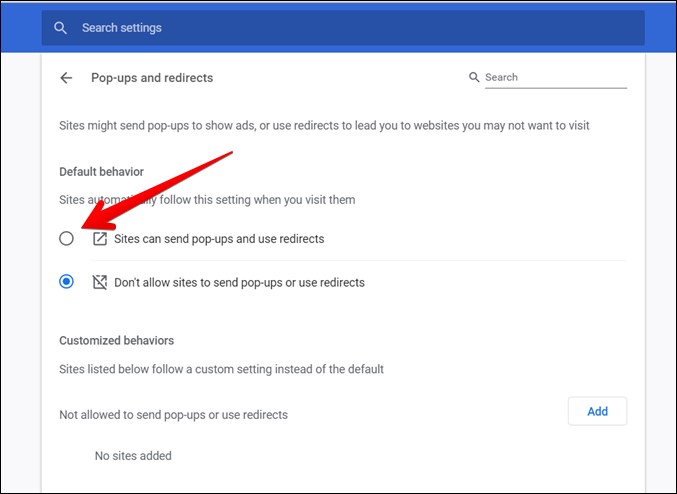 La ventana emergente de Chrome permite todos los sitios PC