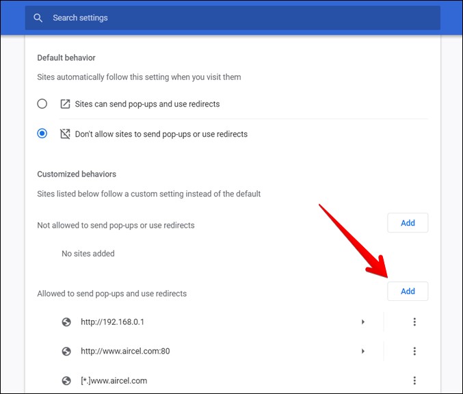 CHROME PC Pop-Up Whitelist Sitios web