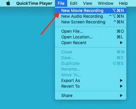 Nueva grabación de películas en el archivo en Quicktime Player en Mac