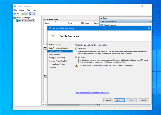 Seleccione Generación 2 en Hyper V