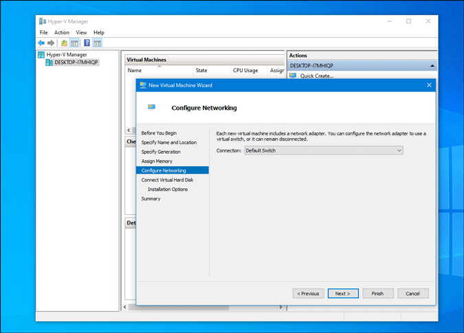 Elija el conmutador predeterminado en Hyper V
