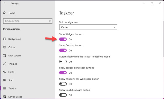 Mostrar ícono de Widgets en la barra de tareas