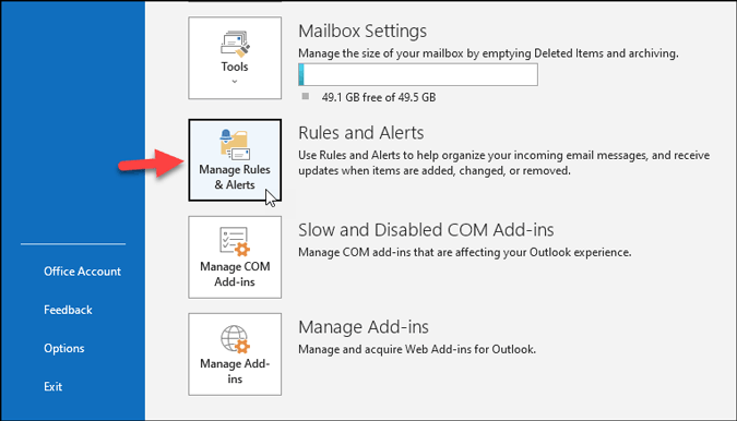 Abra la configuración de las reglas y alertas de Outlook