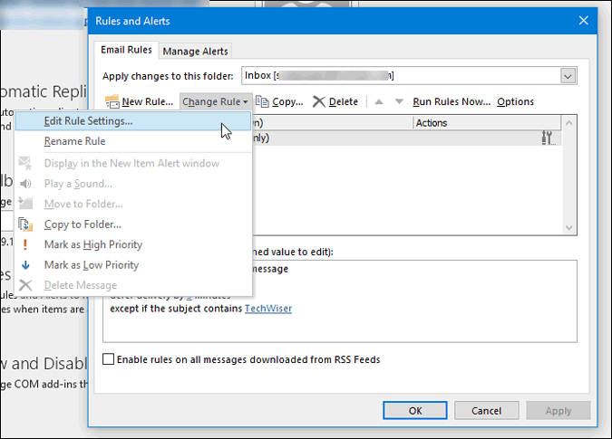 Cambiar las reglas de Outlook