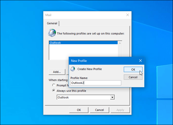 Agregar nuevo perfil de Outlook