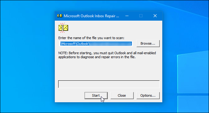 Iniciar la reparación de Outlook PST