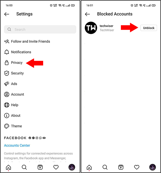 Opción de privacidad de Instagram 