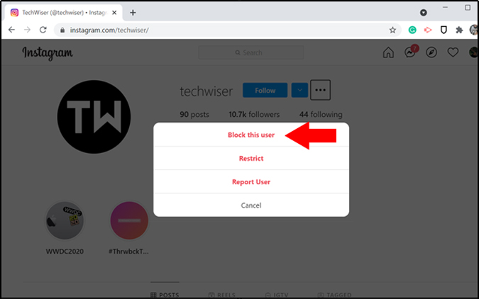 Bloquear a un usuario en la web de Instagram 