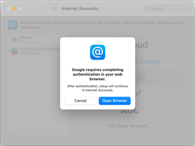 Abra el navegador para agregar la cuenta de Google en Mac