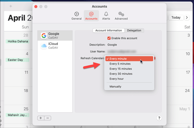 Cambiar el intervalo de actualización del calendario de Google en Mac