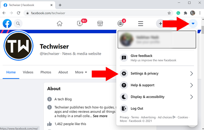 Opción de configuración y privacidad de Facebook