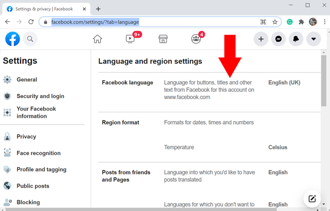 Seleccione el idioma de Facebook en la PC