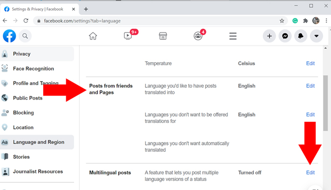Habilitar publicaciones multilingües en Facebook en el navegador