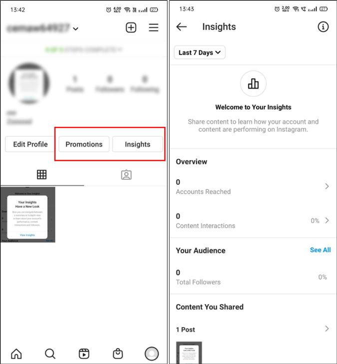 Pestaña Insights de cuenta comercial de Instagram 