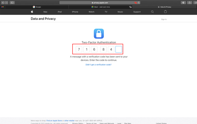 Página de autenticación de dos factores de Apple