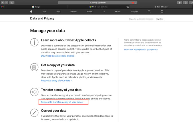 Solicitud de Apple para transferir una copia de su opción de datos