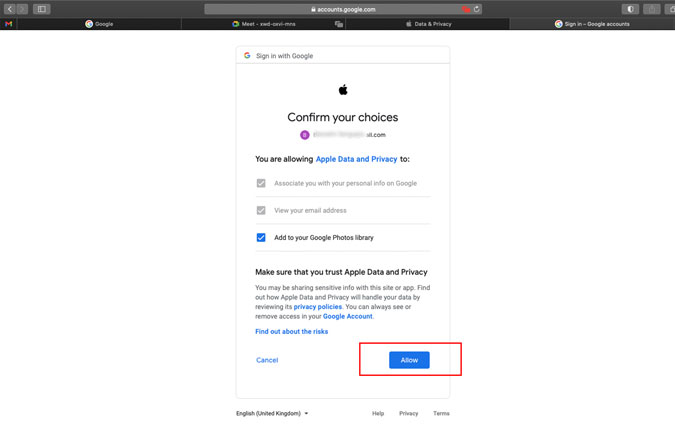 Permitir que los datos de Apple y la privacidad se agregen a Google Photos