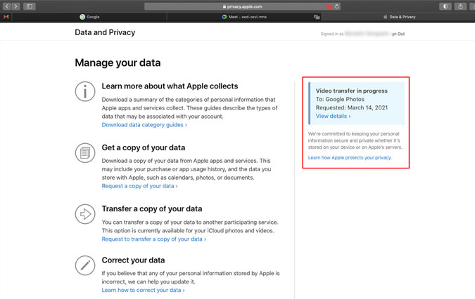 Página de datos y privacidad de Apple
