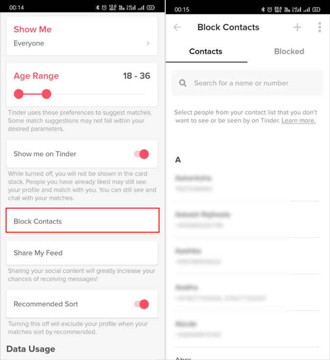 Opción de contacto de bloque en Tinder