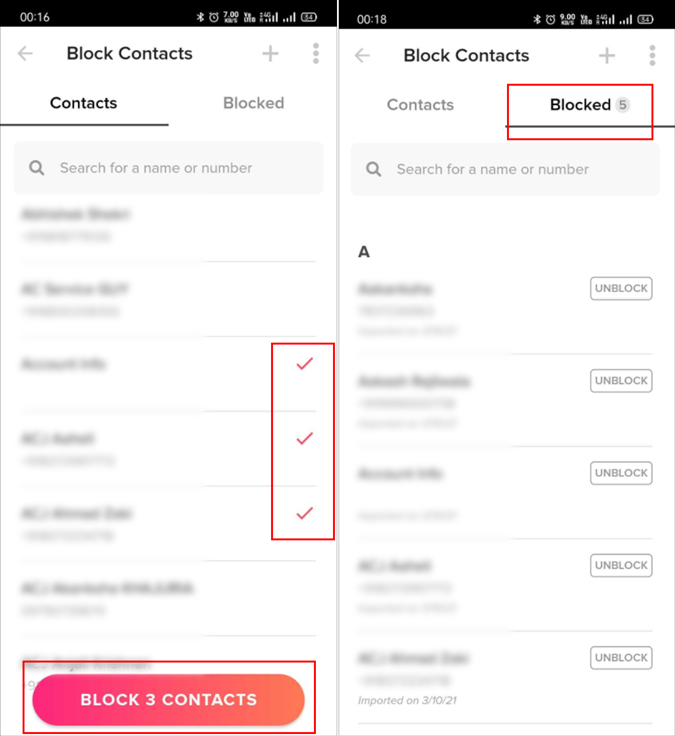 Pestaña de contacto con el bloque de Tinder