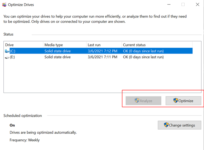 Herramienta de desfragmentación de Windows 10