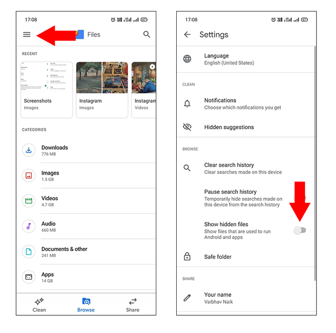 Función de archivo oculto de los archivos de Google