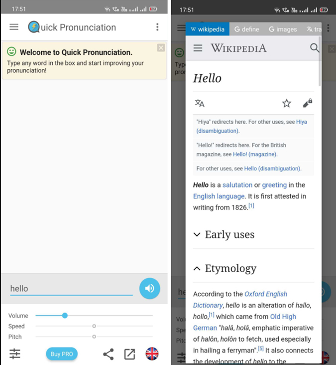 Aplicación de herramienta de pronunciación rápida 