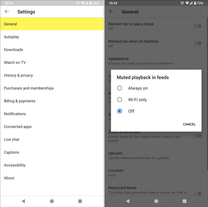 Apague la reproducción apagada de YouTube en Feed on Android