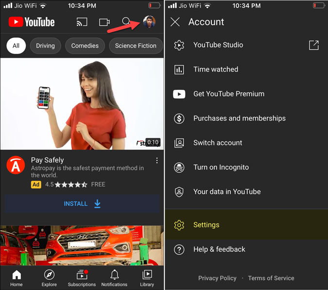 Abra la configuración de YouTube en iPhone