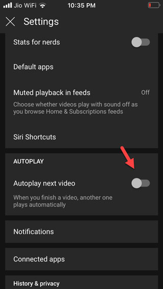 Apague la autoplay en YouTube en iOS